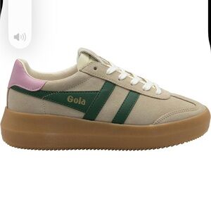 Gola Beige Suede Sneakers with Green Stripes and Pink Heel
